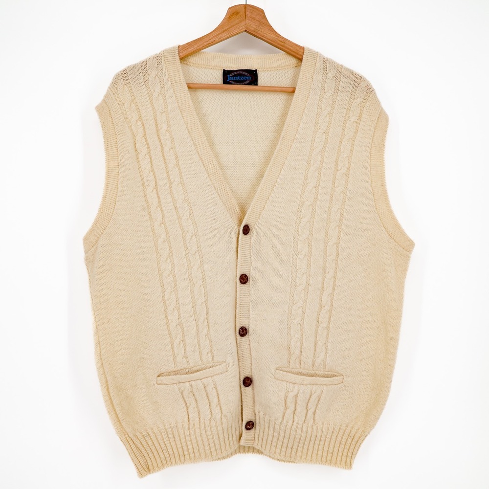 VTG Jantzen Cardigan Sweater Vest Men XL Cream Wool Blend Cable Knit USA Grandpa